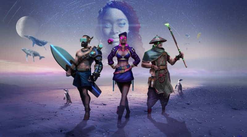 Three women in stylish outfits walking on a surreal beach at night with a large face in the sky.