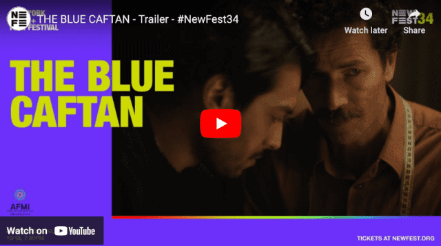 Scene from The Blue Caftan movie trailer showing two men in a close conversation.