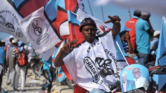 Protesters with flags and banners participate in a demonstration in Africa.