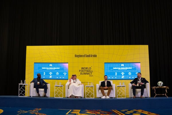 Panel discussion at World Football Summit in Saudi Arabia with diverse speakers.