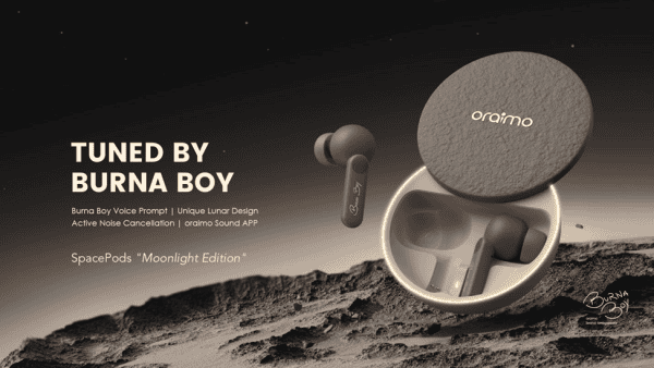 Oraimo Burna Boy tuned SpacePods Moonlight Edition wireless earbuds on lunar surface.