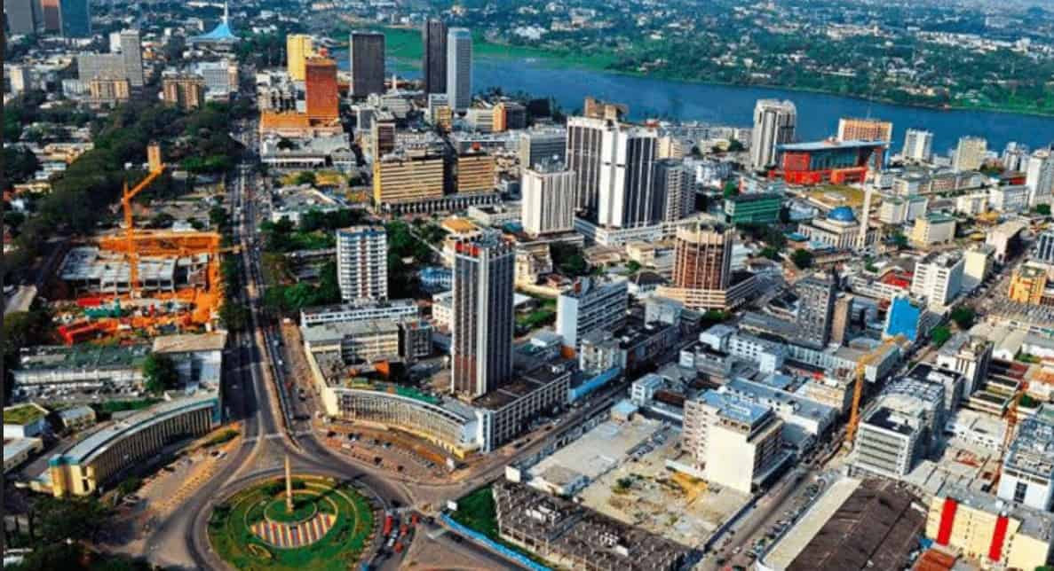 Aerial view of Abidjan, Ivory Coast, showcasing its modern skyline and economic hub.