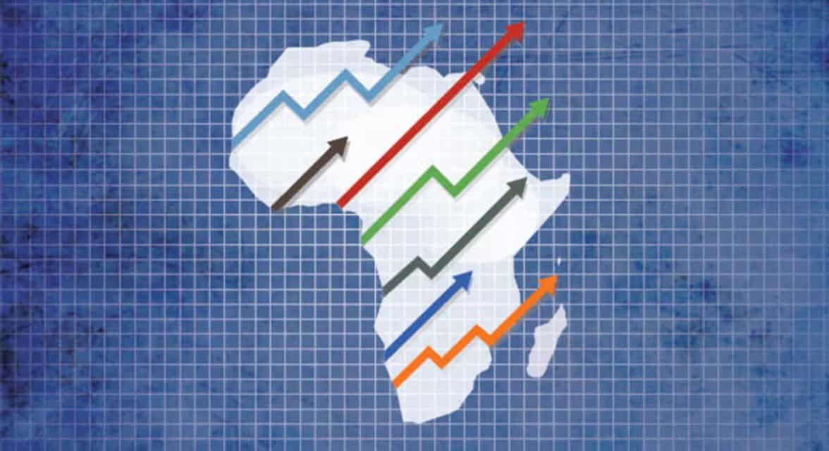 Africa map with colorful growth trend lines representing economic progress.