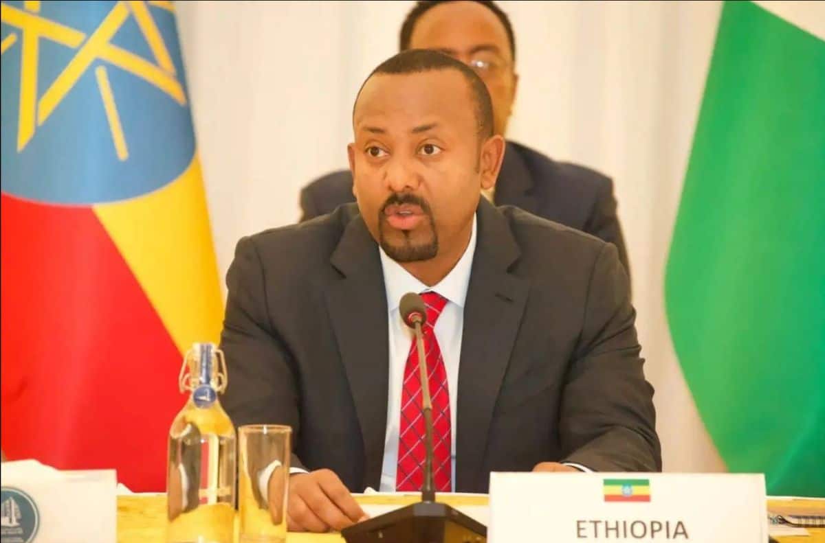 Ethiopian official speaking at a conference with flags in the background.