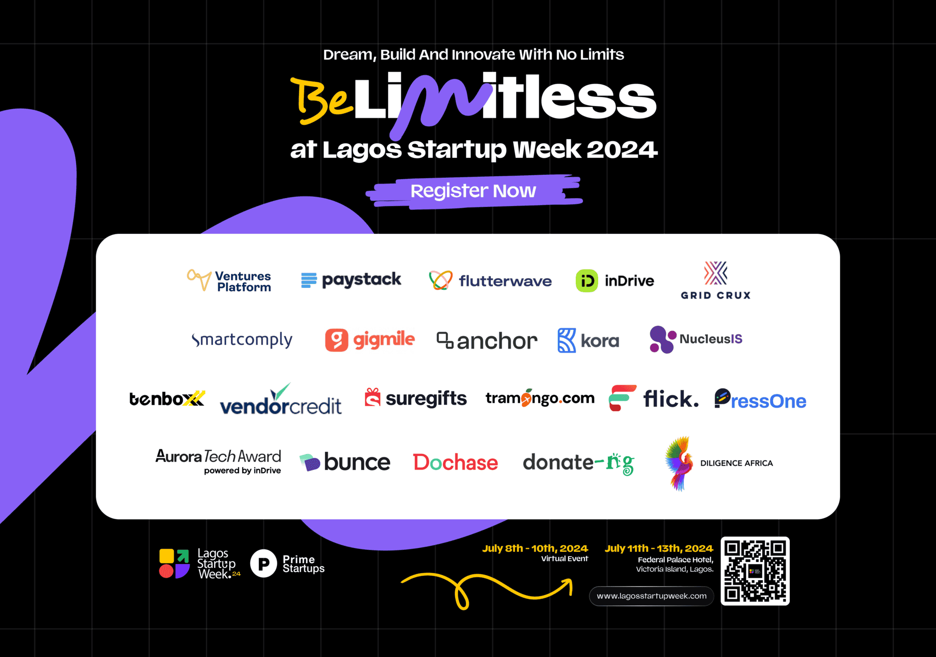 Lagos Startup Week 2024 partner logos including Flutterwave, Paystack, and others.