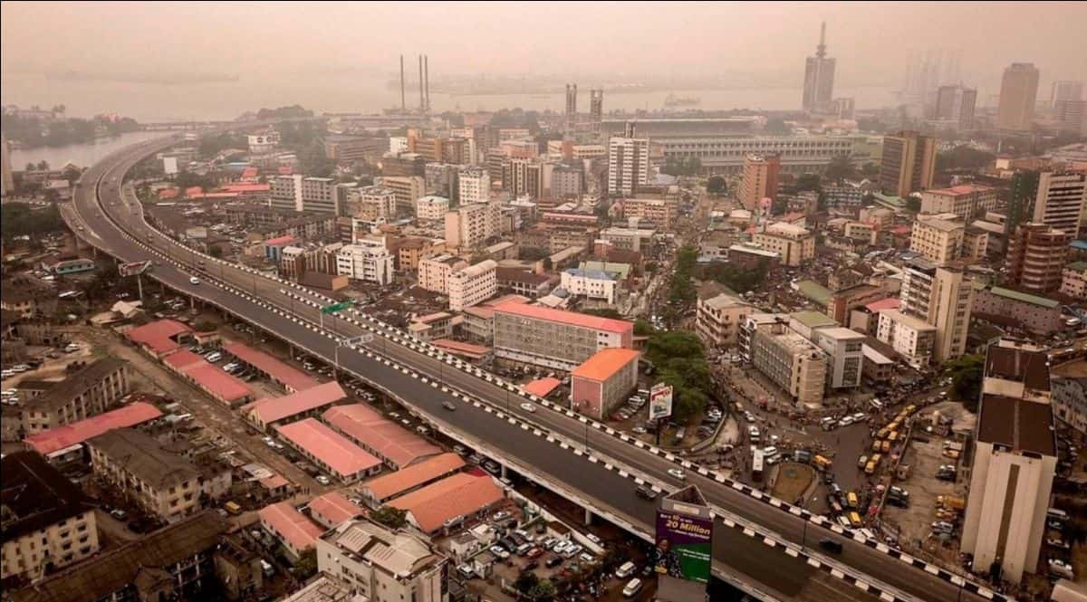 Aerial view of Nairobi cityscape with roads and buildings in Kenya.