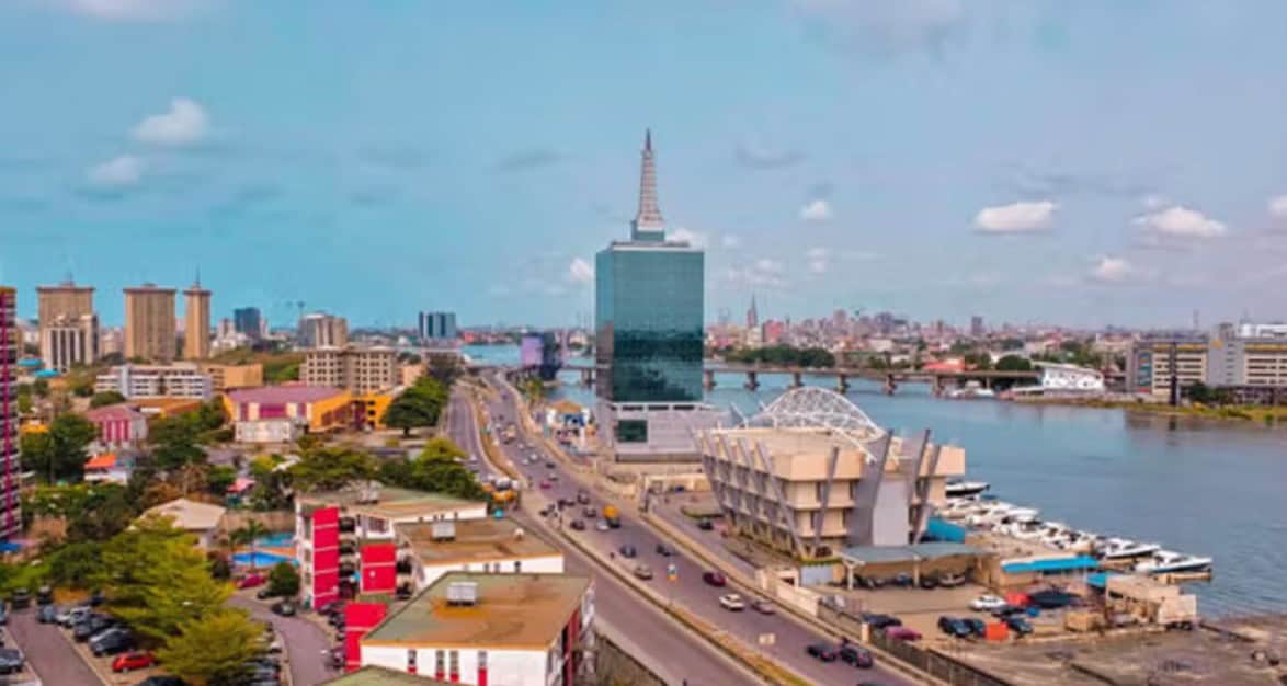 Lagos city skyline with skyscrapers and waterfront in Nigeria.
