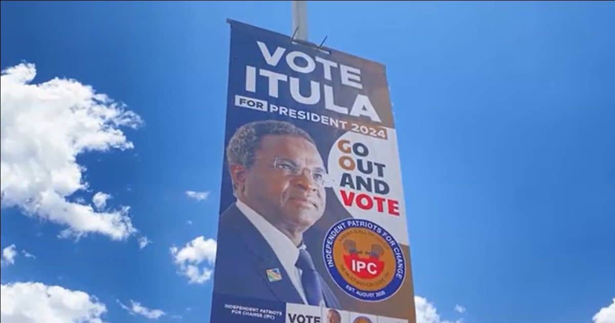 Campaign banner for Itula's 2024 presidential run in Namibia.