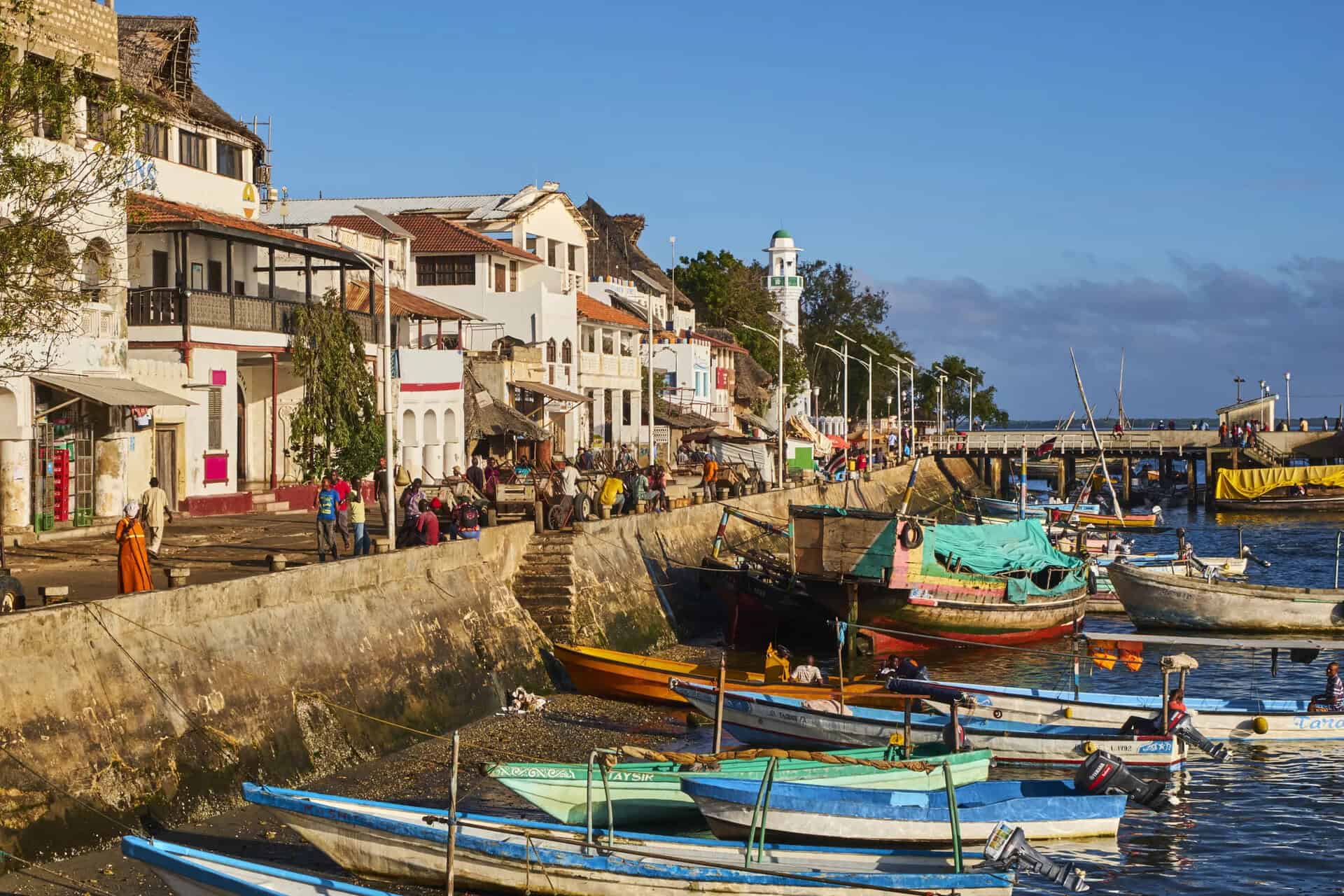 Colorful boats docked along the waterfront in a lively East African coastal town.