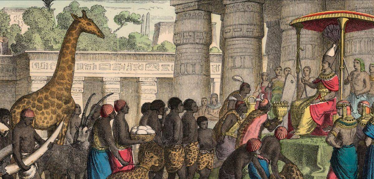 Traditional African gift-giving scene with people and a giraffe.