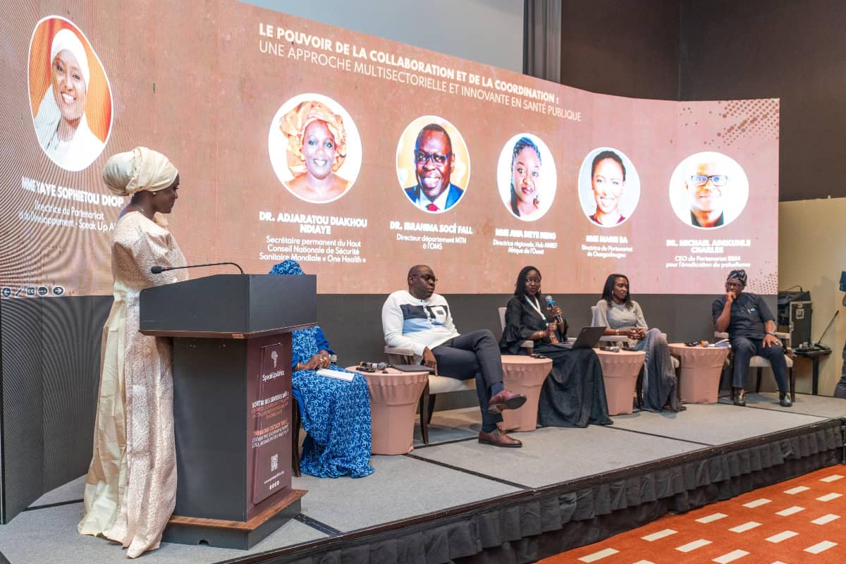 Panel discussion on sustainable, African-led health initiatives at Africa.com event.