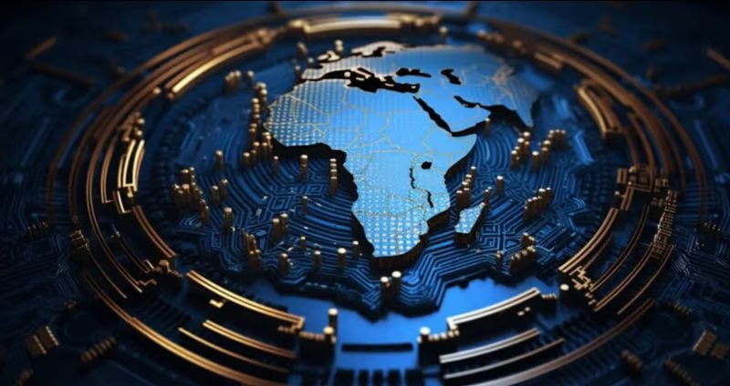 Digital map of Africa highlighting technological connectivity and innovation.