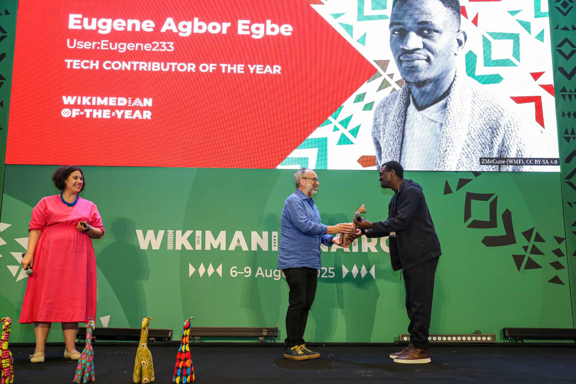 Eugene Agbor Egbe receiving recognition for his contributions at Wikimania 2025 Kenya.