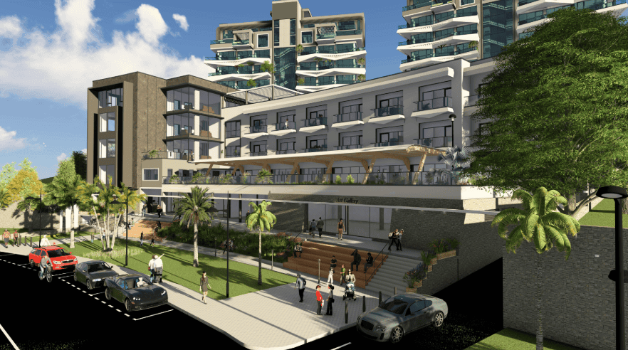 Contemporary residential building in Africa with lush landscaping and outdoor amenities.