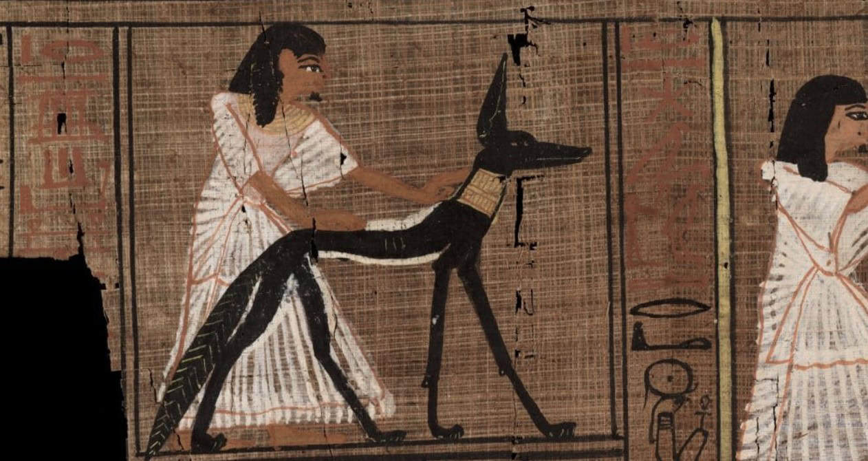 Ancient Egyptian painting of a woman with a dog on papyrus.