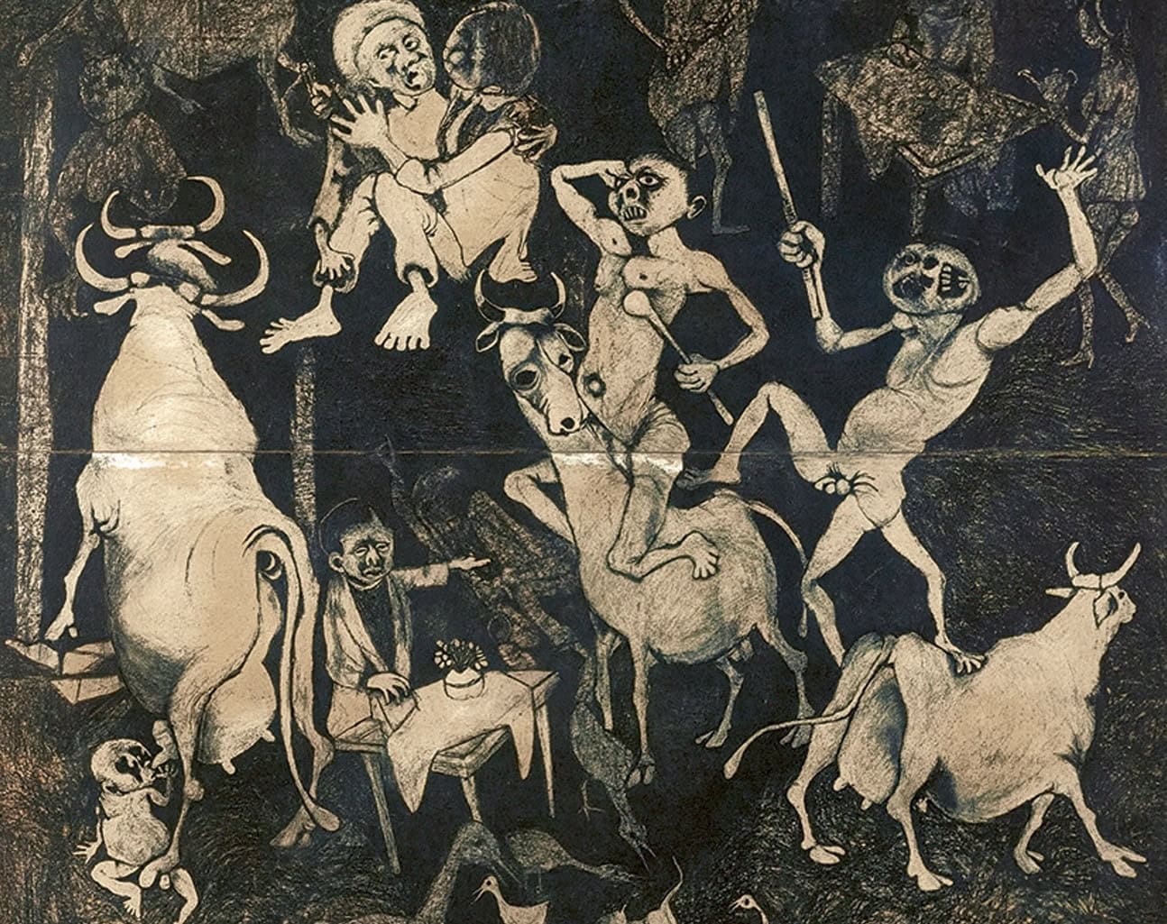 Traditional African art depicting mythological figures and animals.