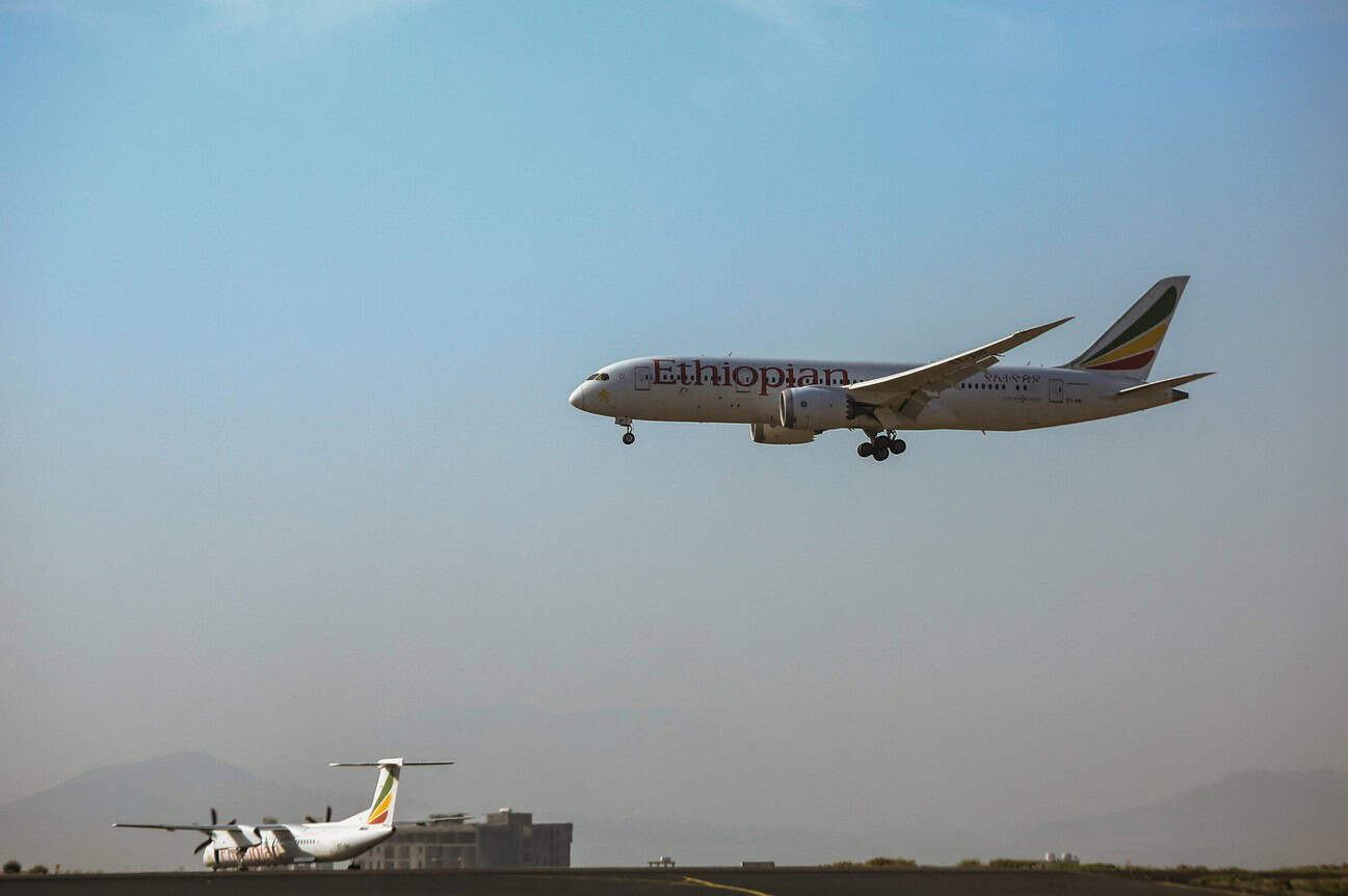 Ethiopian Airlines aircraft landing at Bishoftu Airport in Ethiopia.