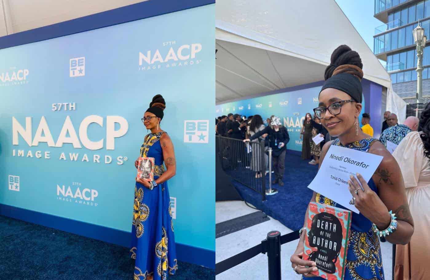 Nnedi Okorafor holding her award and book at NAACP Image Awards event.
