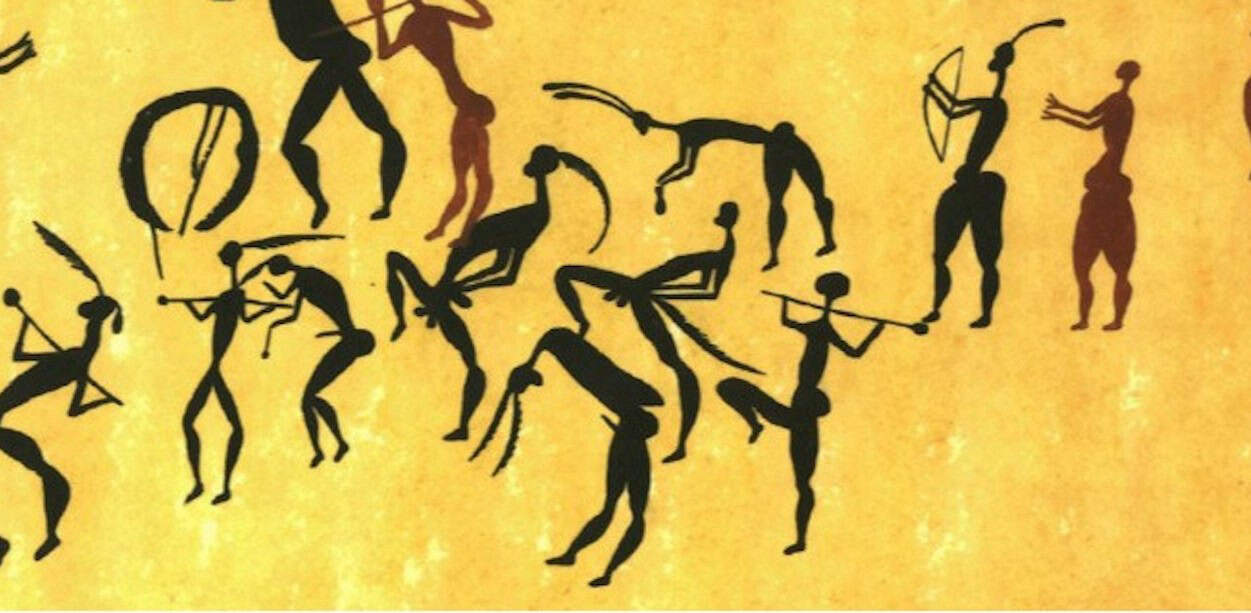 Ancient rock art from South Africa depicting dance movements related to cultural rituals.