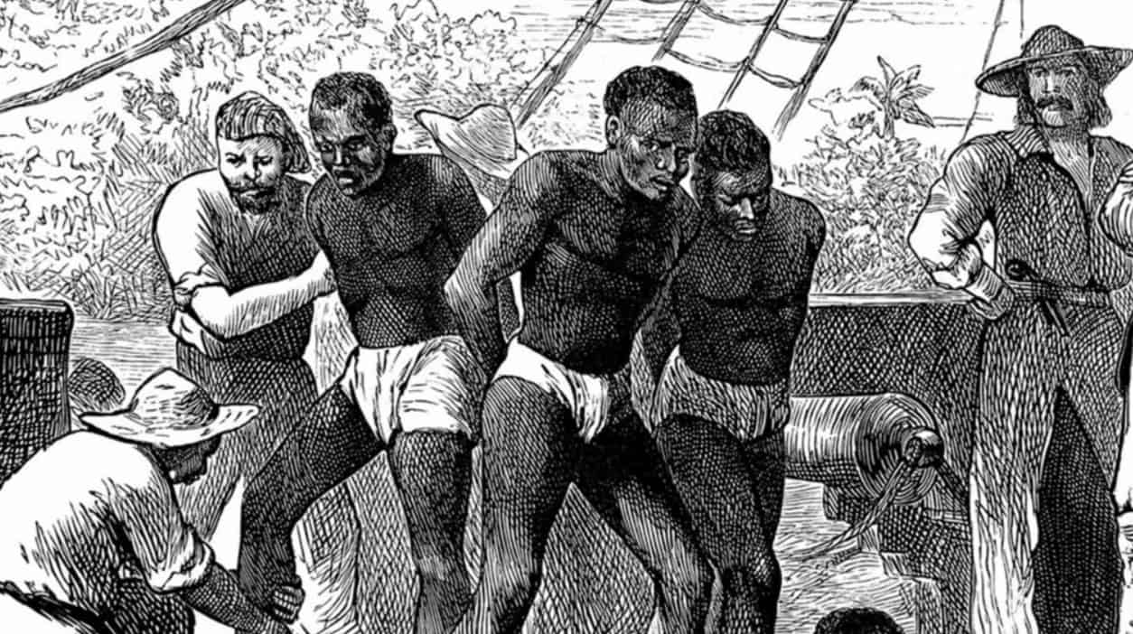 Illustration of enslaved Africans chained together on a ship during transatlantic voyage.