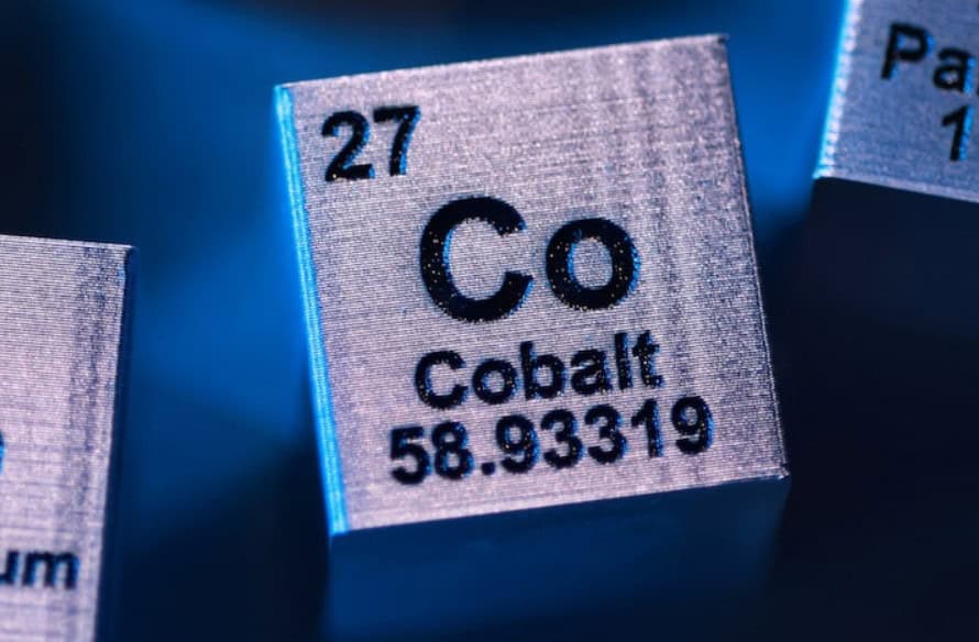 Close-up of cobalt element block with atomic number 27 and atomic weight 58.93319.