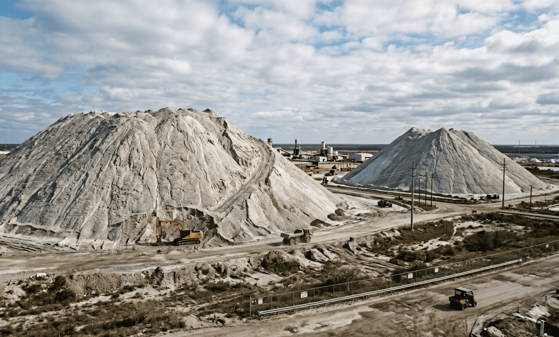 Large salt or mineral piles at a South African mining site with heavy machinery.