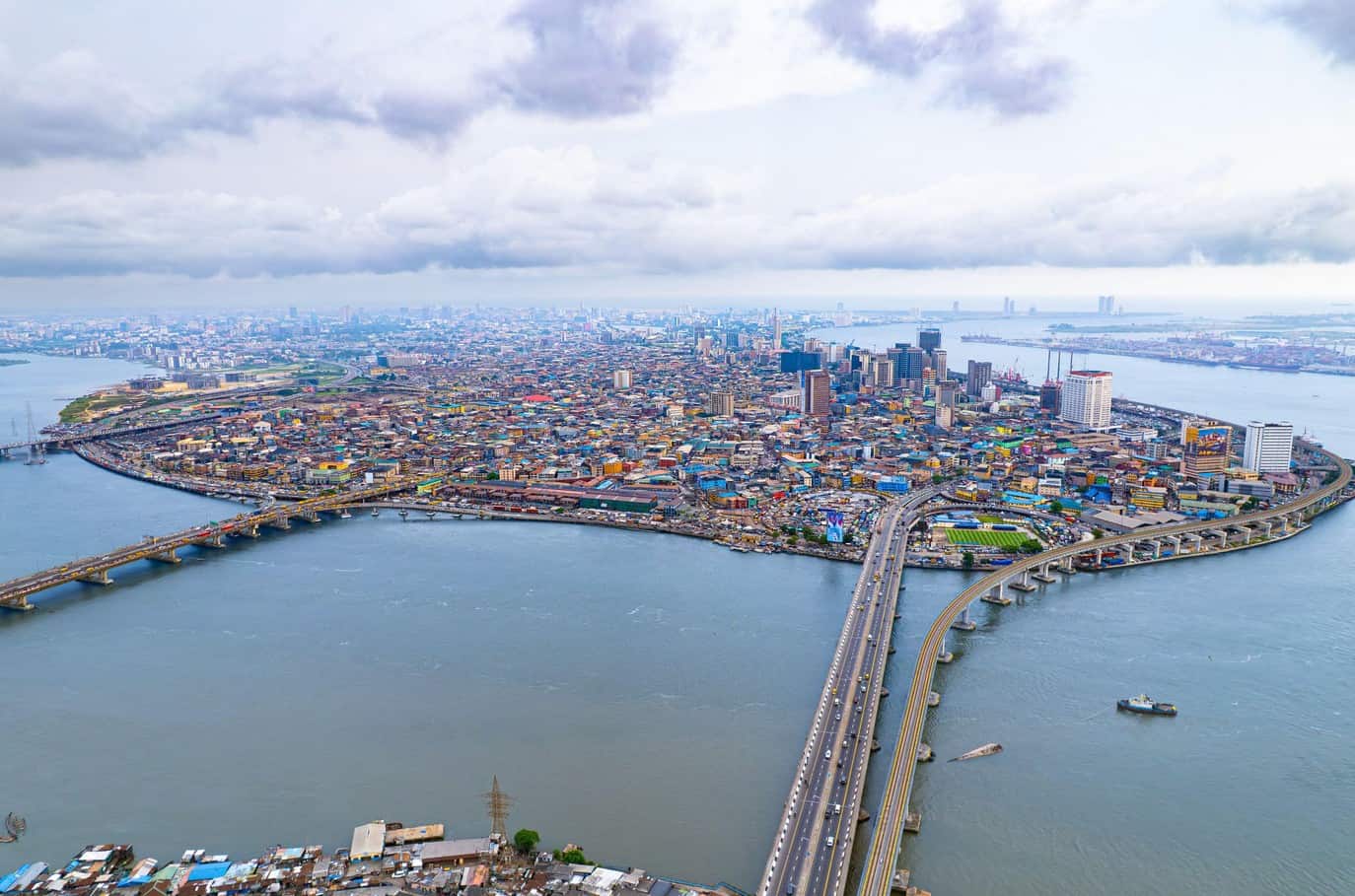 Lagos cityscape featuring bridges, water, and high-rise buildings in Nigeria.