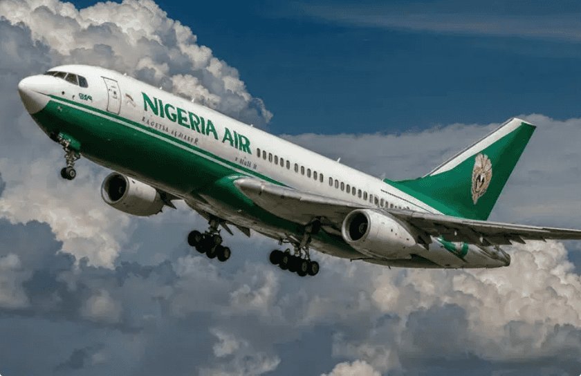 Nigeria Air airplane in flight against cloudy sky, promoting airline resilience during fuel cost inc.