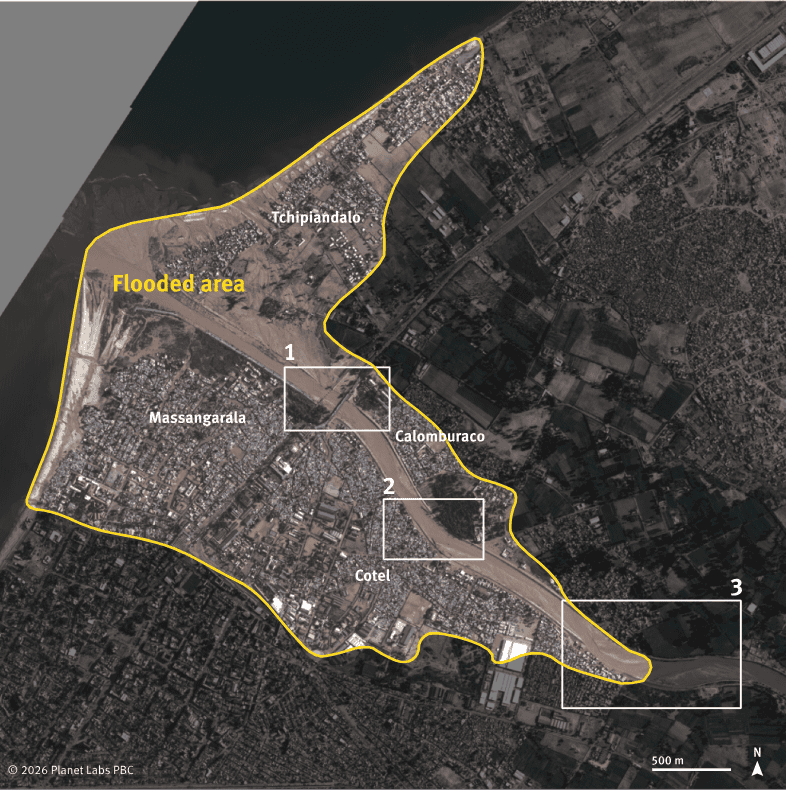 Flooded area in Angola affecting Tchipiandalo, Massangarala, Calumbuaco, and Cotel regions.