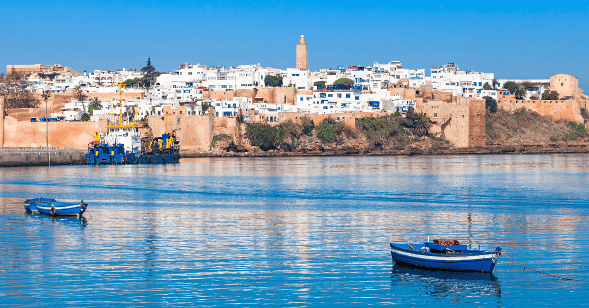 A scenic view of a Moroccan coastal town featuring white buildings and a historic fortress overlooki.